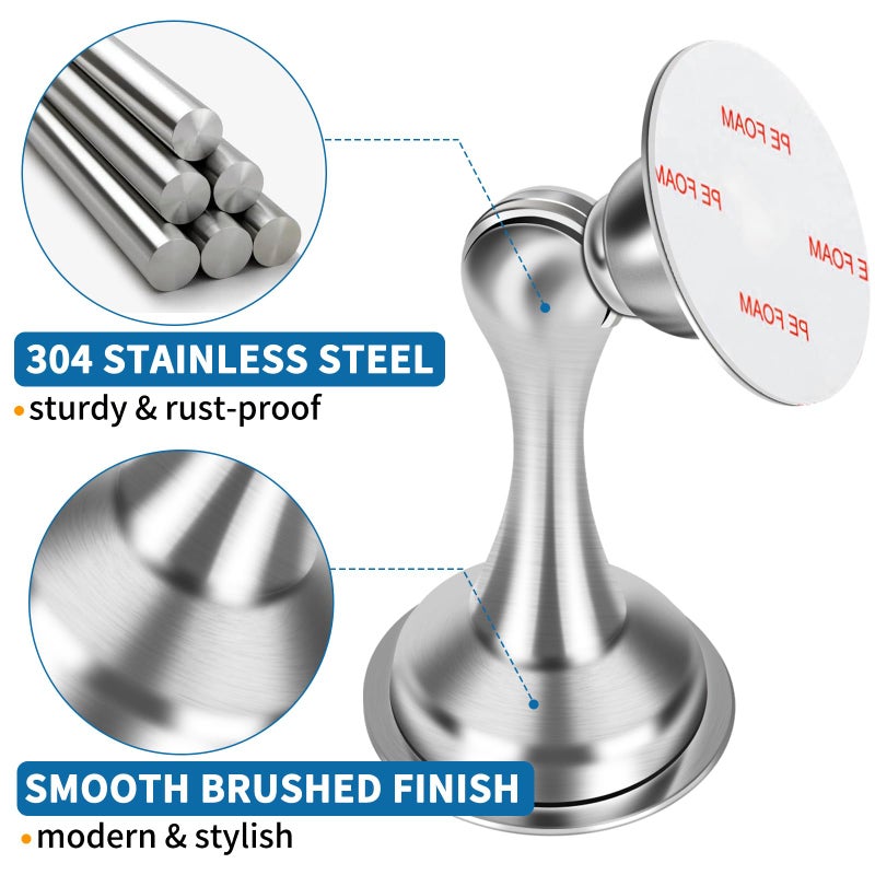 Gudui Magnetic Door Stop, Self Adhesive Door Stoppers Magnetic Door Holder Catch, Stainless Steel Brushed Nickel Doorstop No Drill, 2 Pack, Silver - Image 4